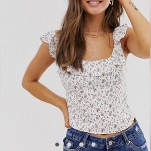 Free People Stay With You Ruffled Satin Crop Top White Floral